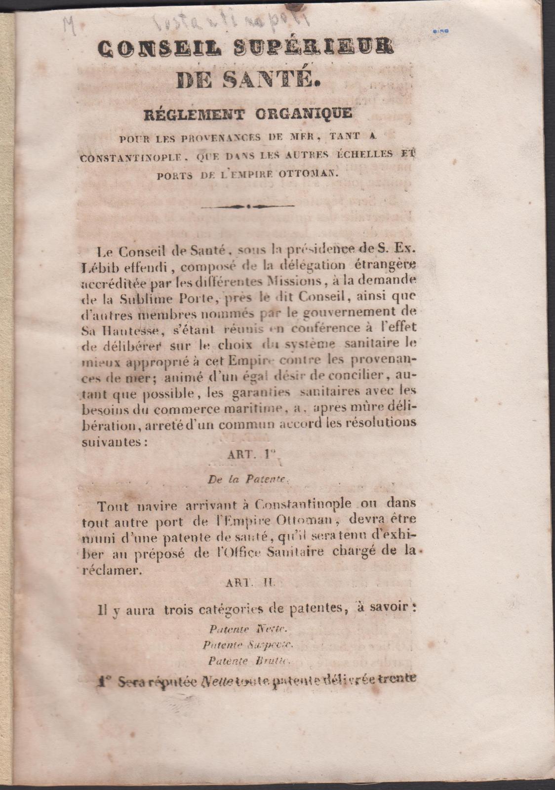 Regolamentazione organica per le provenienze del mare sia a Costantinople …