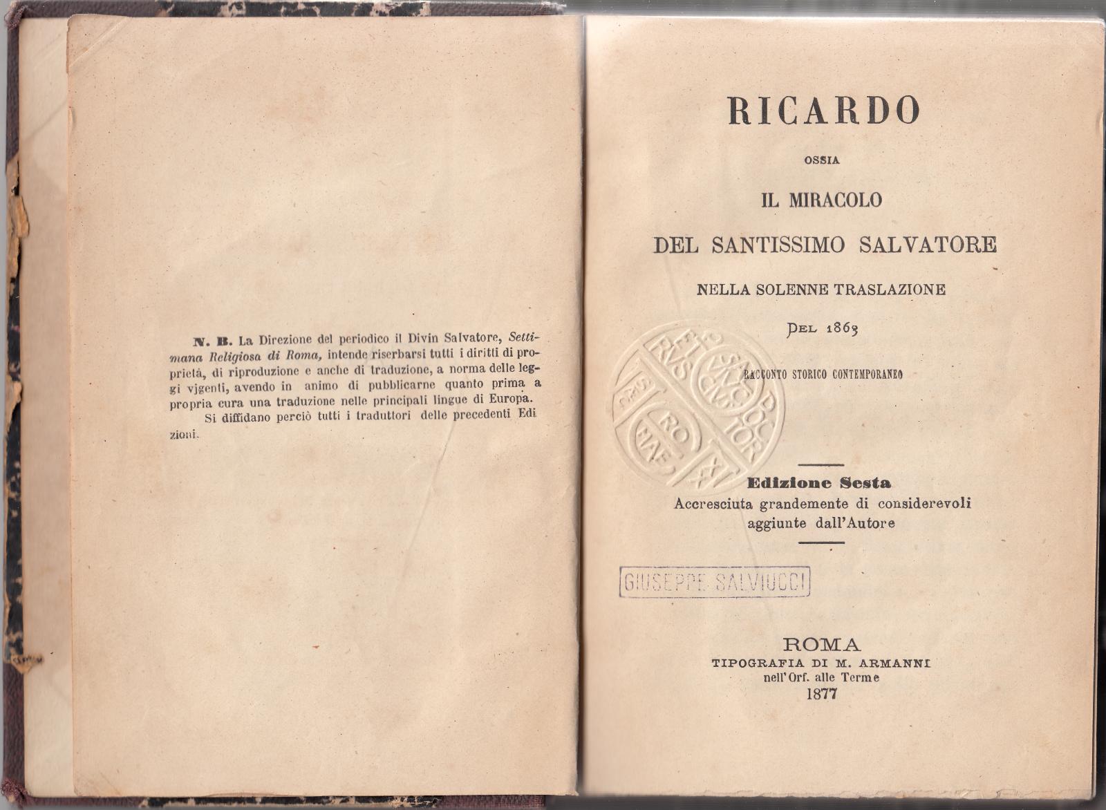 Ricardo Ossia Il Miracolo Del Santissimo Salvatore Nella Traslazione Del …