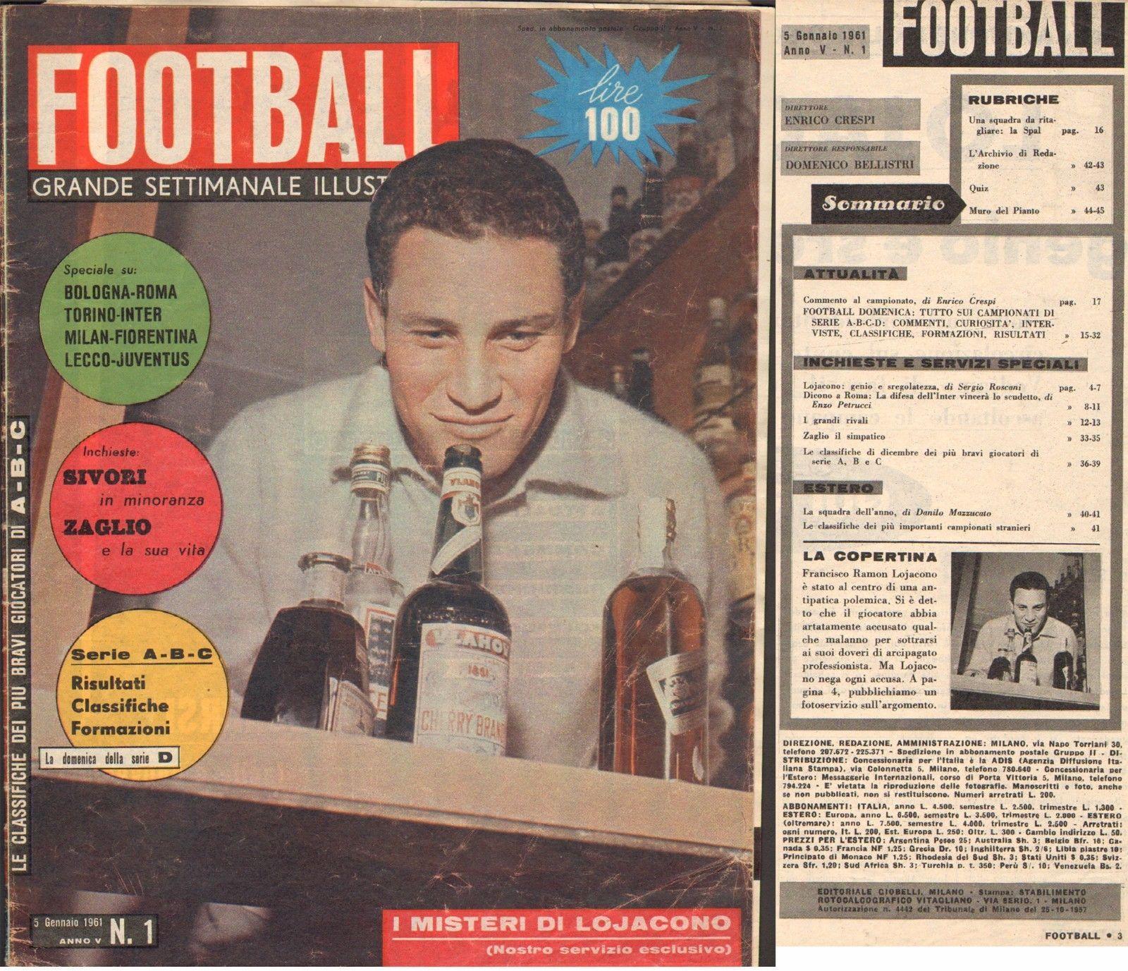 RIVISTA-CALCIO-FOOTBALL-SETTIMANALE ILLUSTRATO-5 GENNAIO 1961-SIVORI-LOJACONO