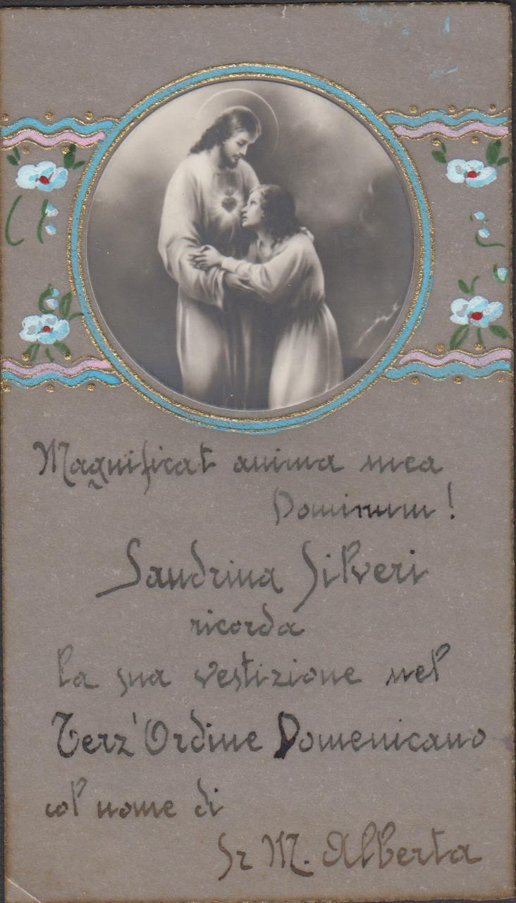 Santino Canivet Holy card Vestizione terz'ordine domenicano pergamena 1900 c.a.