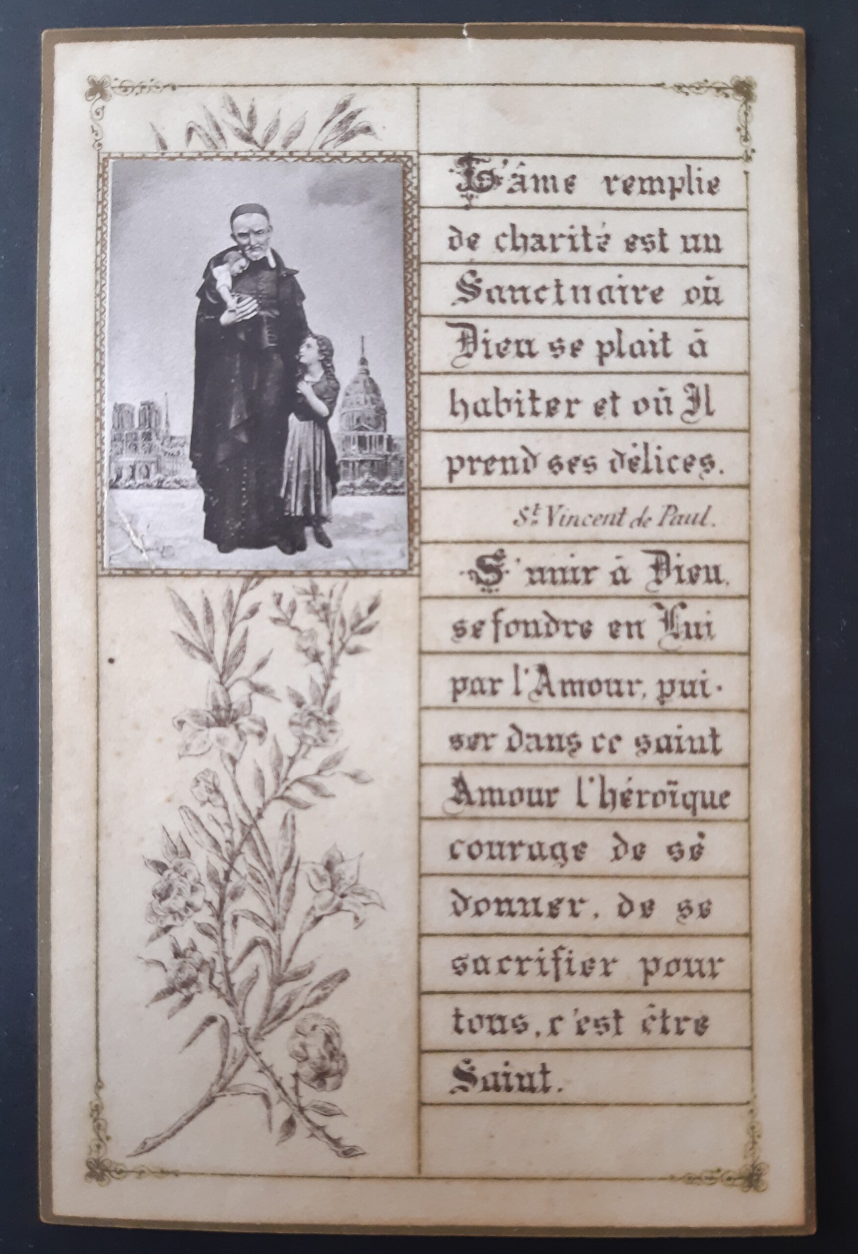 Santino carta pergamena San Vincenzo de Paoli immagine applicata
