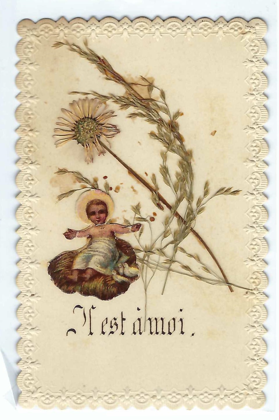 Santino manufatto Gesù bambino con fiori 1900 c.a. canivet holy …