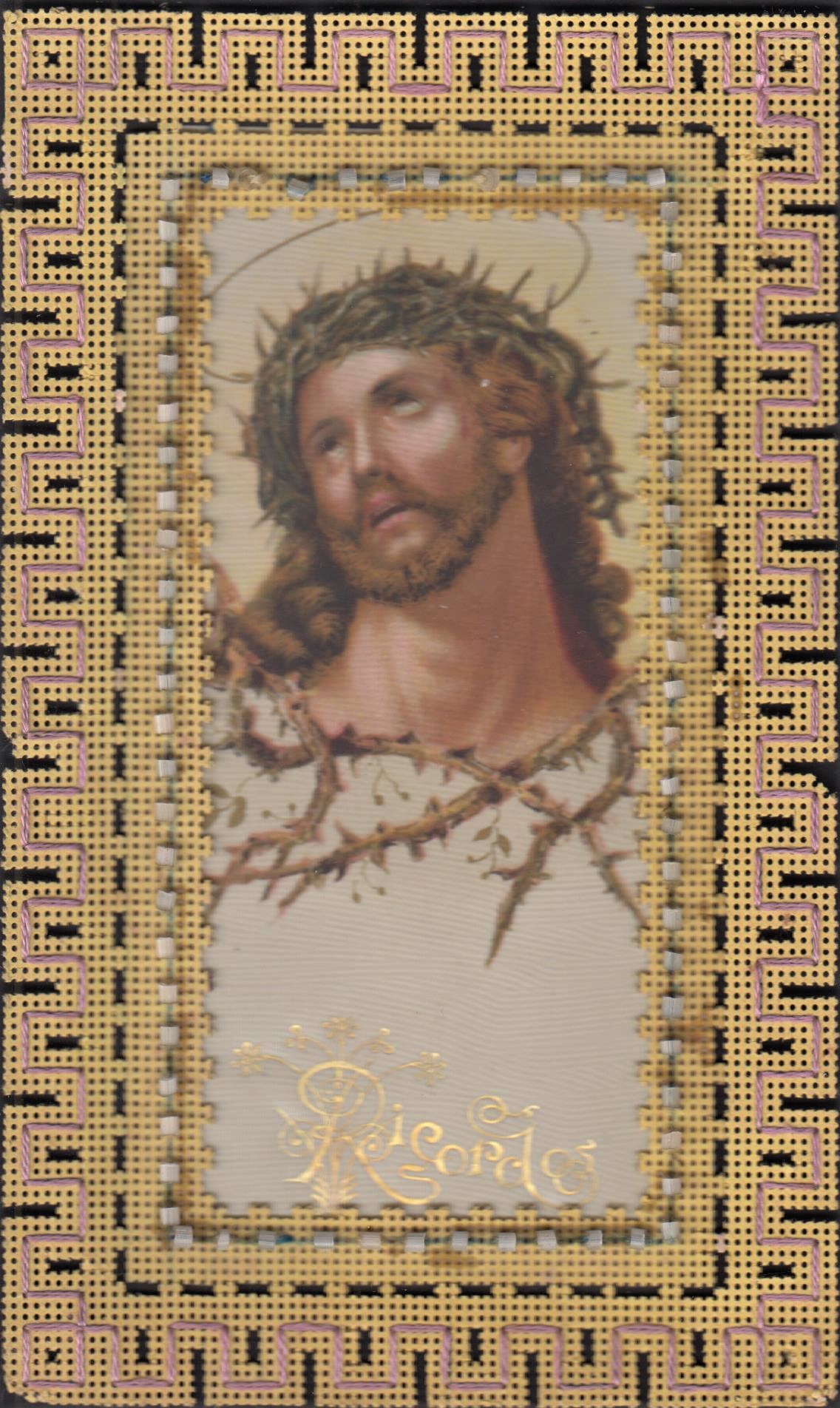 Santino manufatto merlettato ricamato con perline Gesù Cristo e corona …