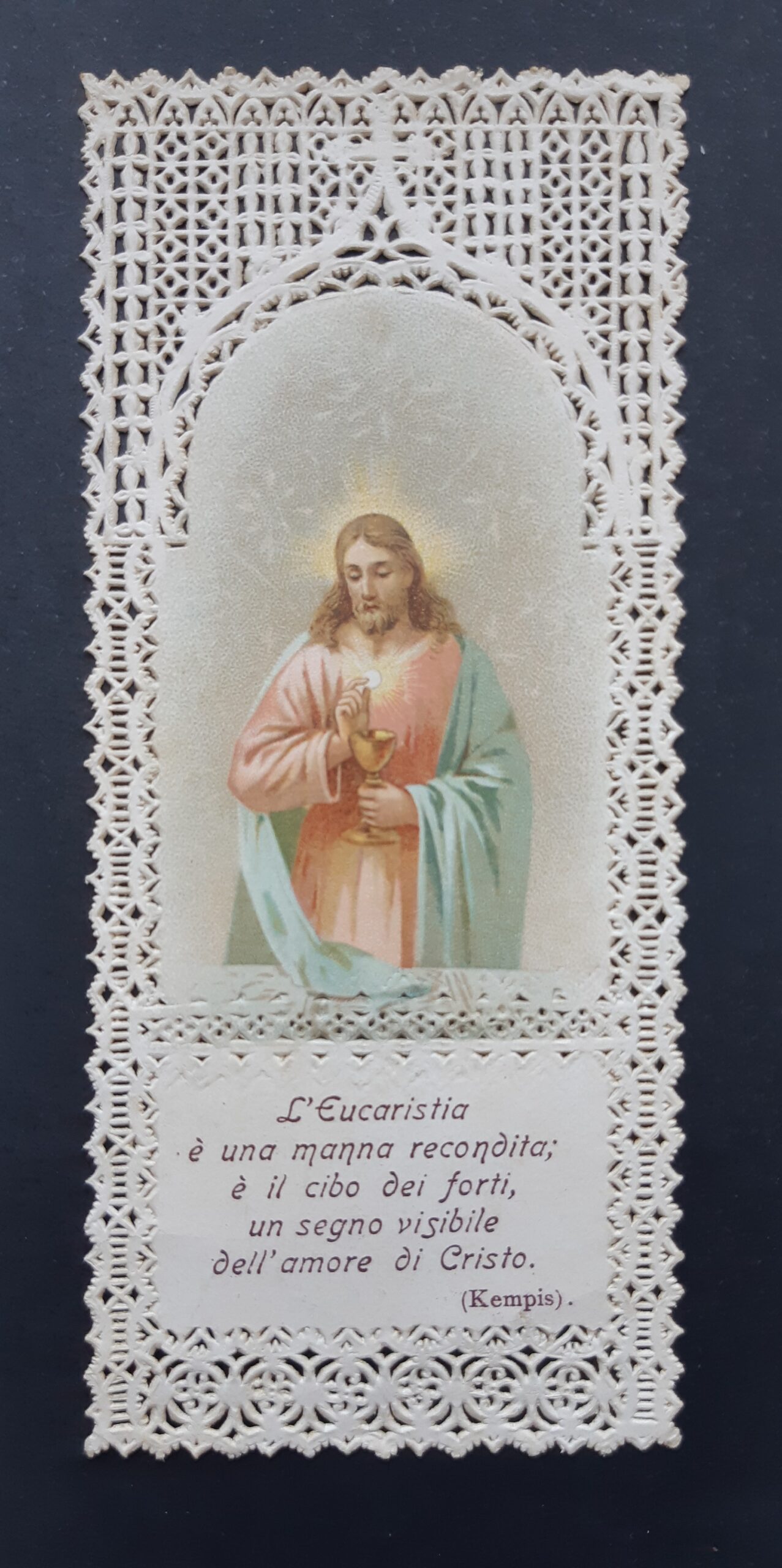 Santino merlettato Gesù eucarestia 1920 c.a canivet holy card