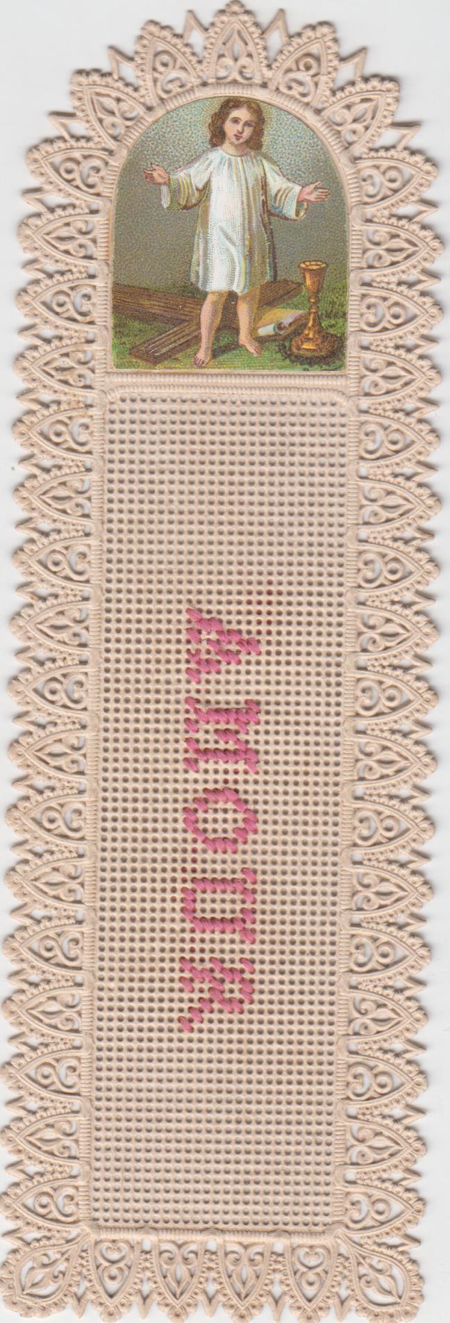 Santino merlettato manufatto Gesù bambino ricamato holy card