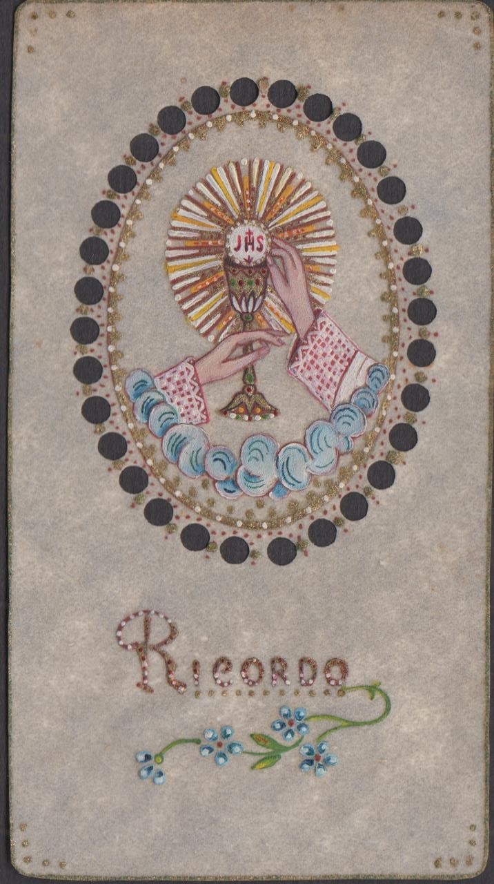 Santino pergamena Ricordo 1° Comunione 1900 c.a. dipinto a mano …