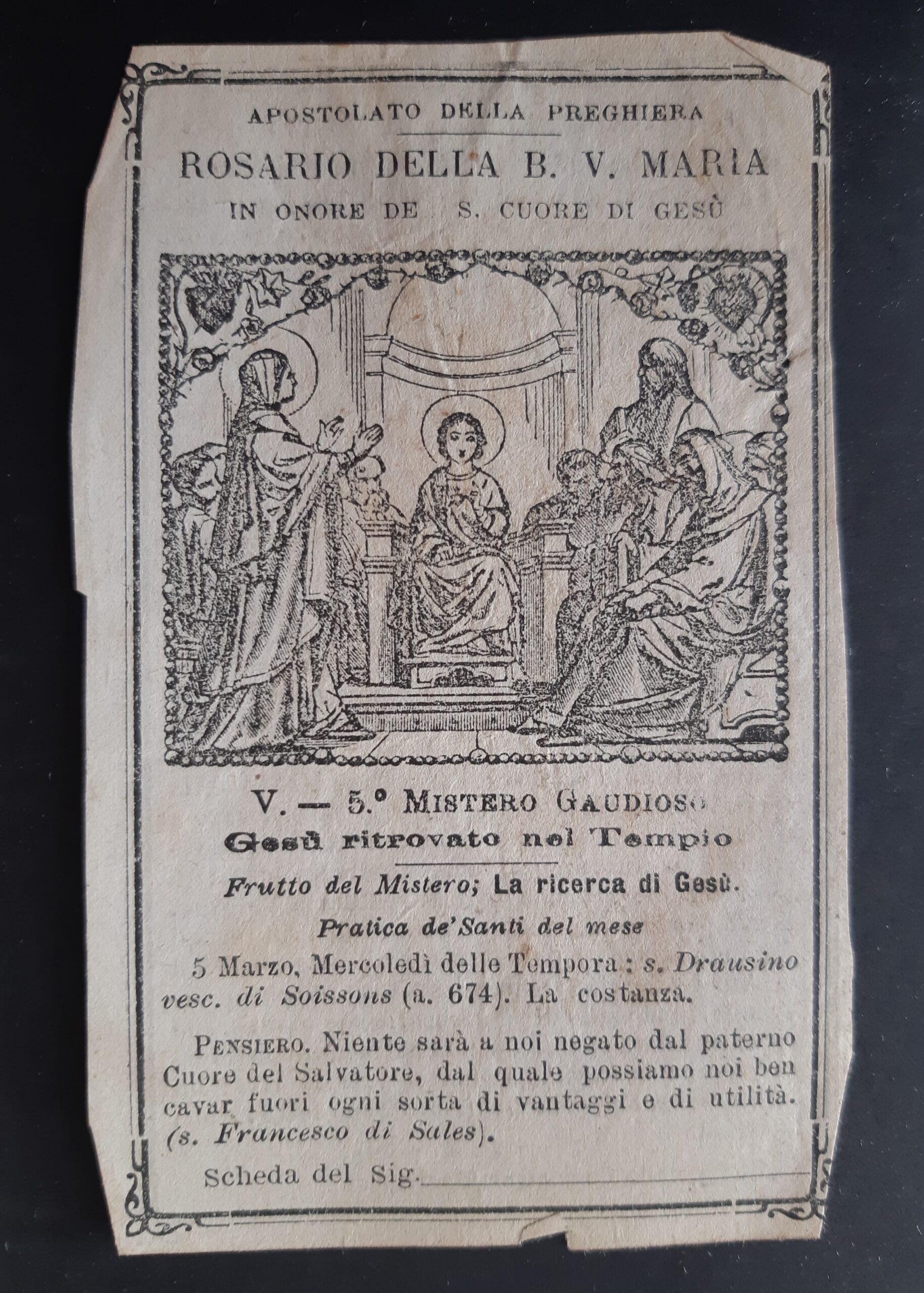 Santino Rosario della Beata Vergine Maria 5° mistero gaudioso 1884