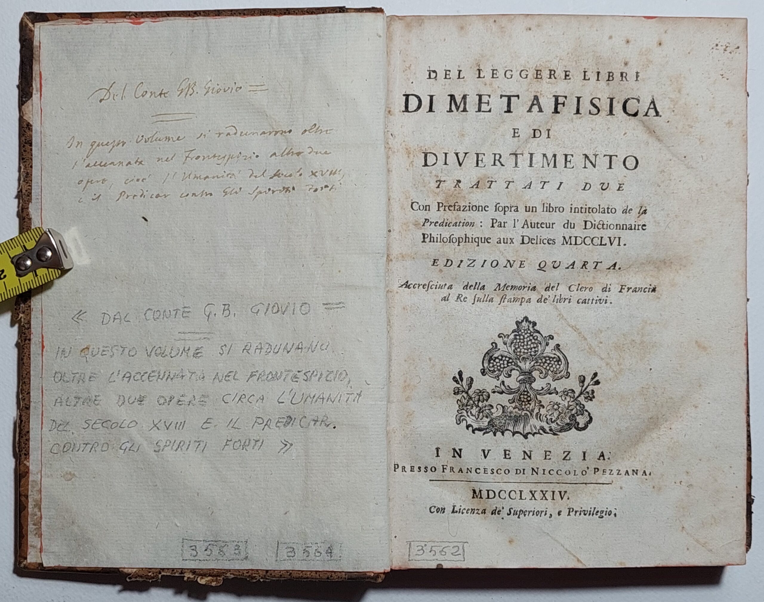 Settecentina Del leggere libri di metafisica + altre 2 opere …