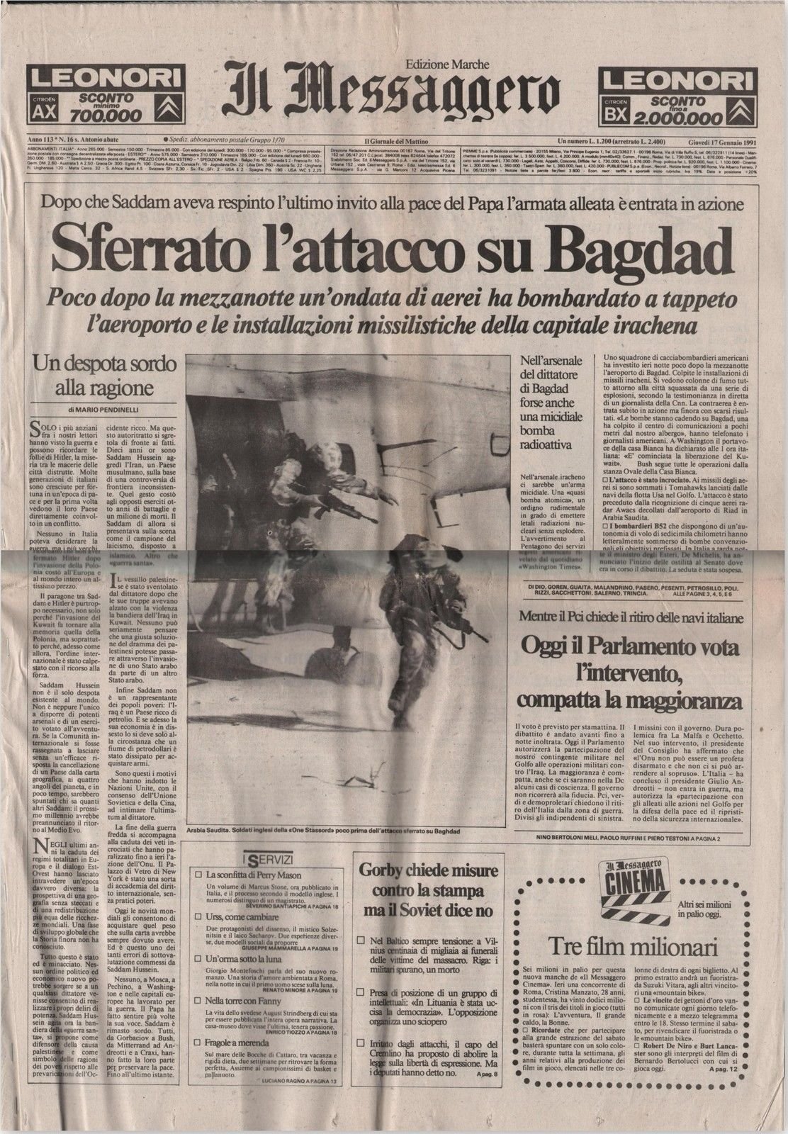 Sferrato L'attacco Su Bagdad-Guerra Del Golfo-Messaggero-17 Gennaio 1991-L1413