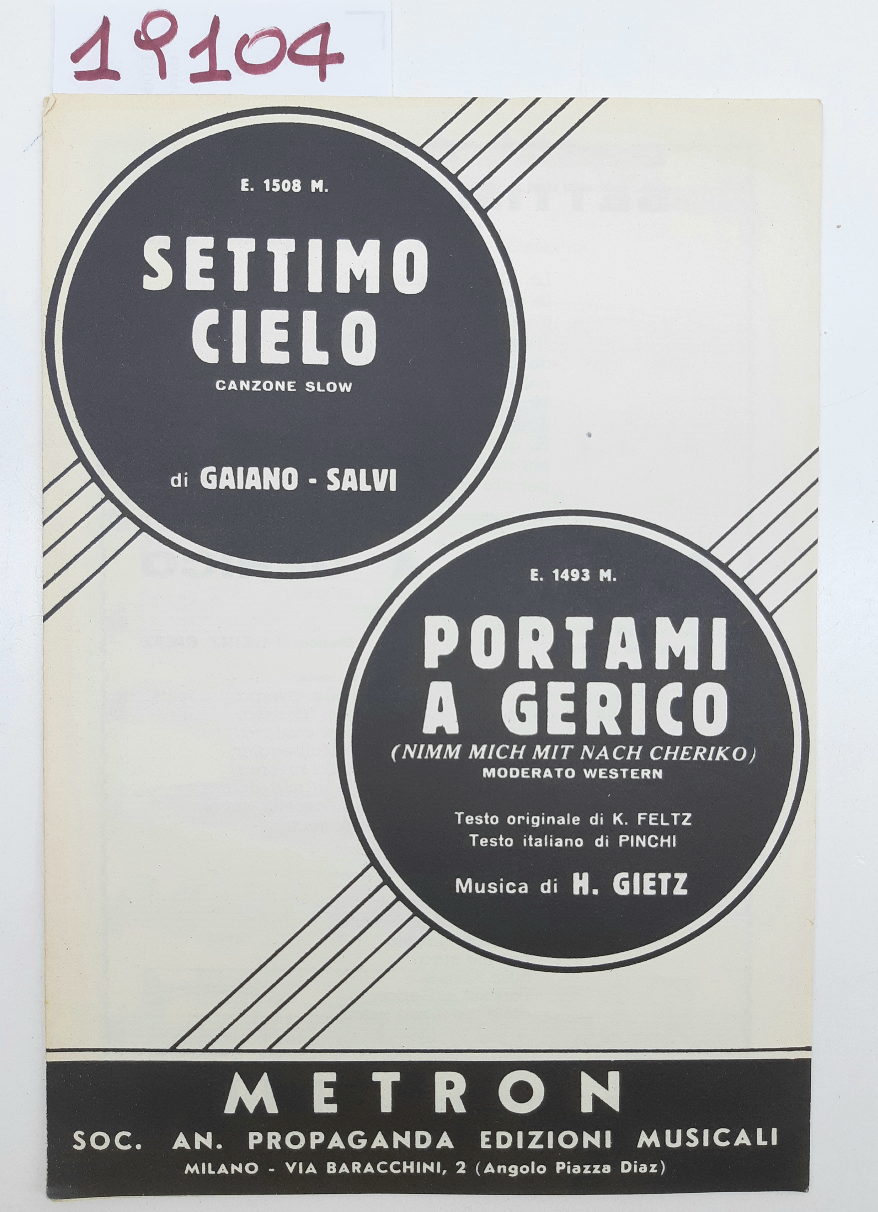 Spartito Settimo Cielo Portami a Gerico Metron 1961