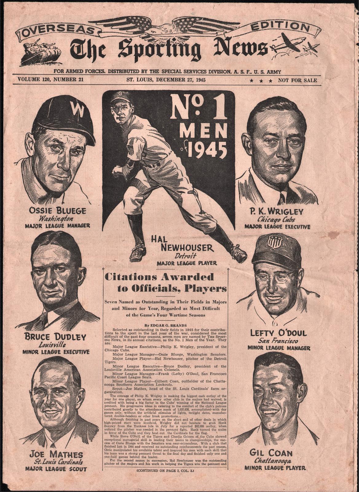 The Sporting News Overseas Edition For Armed Forces 1945-Hal Newhouuser-Gil …