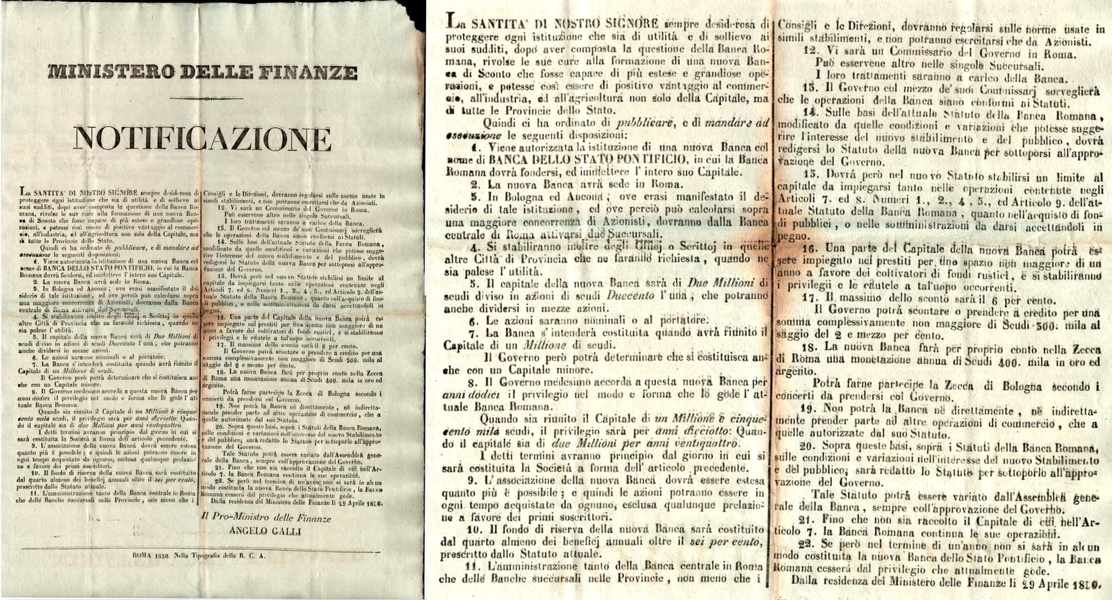 Stato Pontificio-Primo Bando Sulla Costituzione Della Banca-Aprile 1850