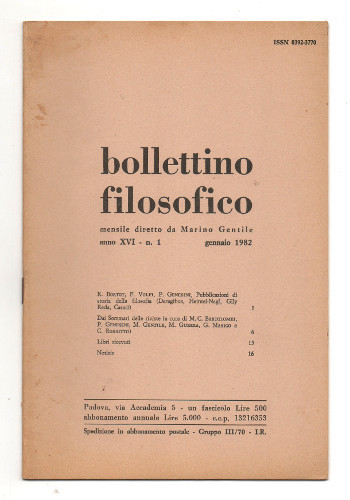 BOLLETTINO FILOSOFICO. ANNO XVI. MENSILE DIRETTO DA MARINO GENTILE