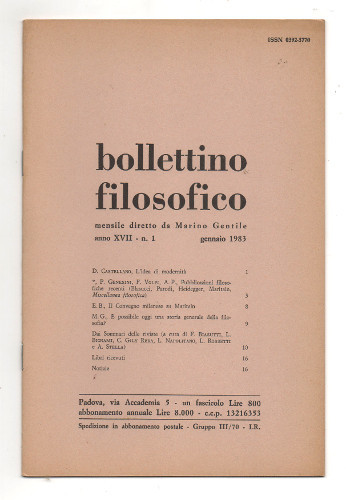 BOLLETTINO FILOSOFICO. ANNO XVII. MENSILE DIRETTO DA MARINO GENTILE