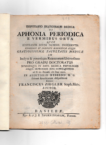 DISPUTATIO INAUGURALIS MEDICA DE APHONIA PERIODICA E VERMIBUS ORTA