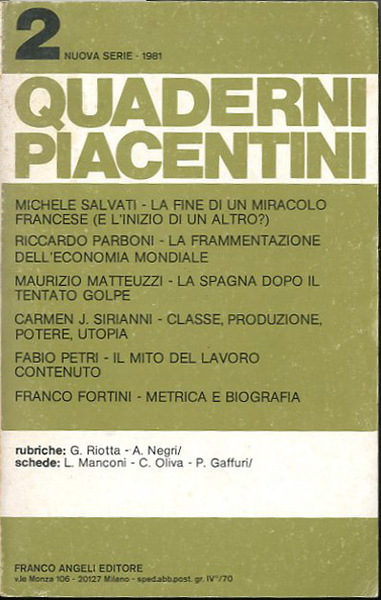 Quaderni piacentini. N. 2, nuova serie, 1981.