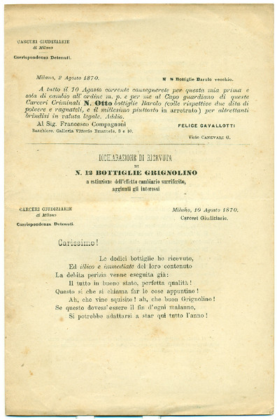 Dichiarazione di ricevuta di N. 12 bottiglie Grignolino a estinzione …