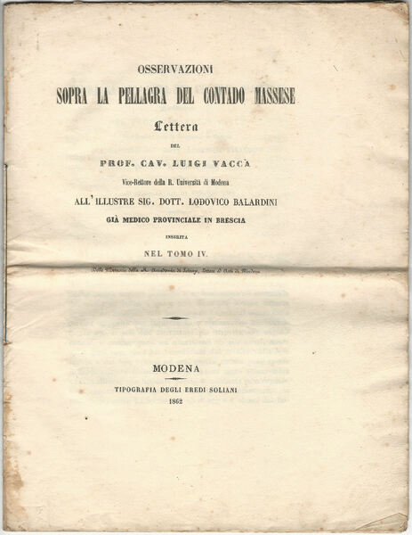 Osservazioni sopra la Pellagra del contado massese. Lettera […].