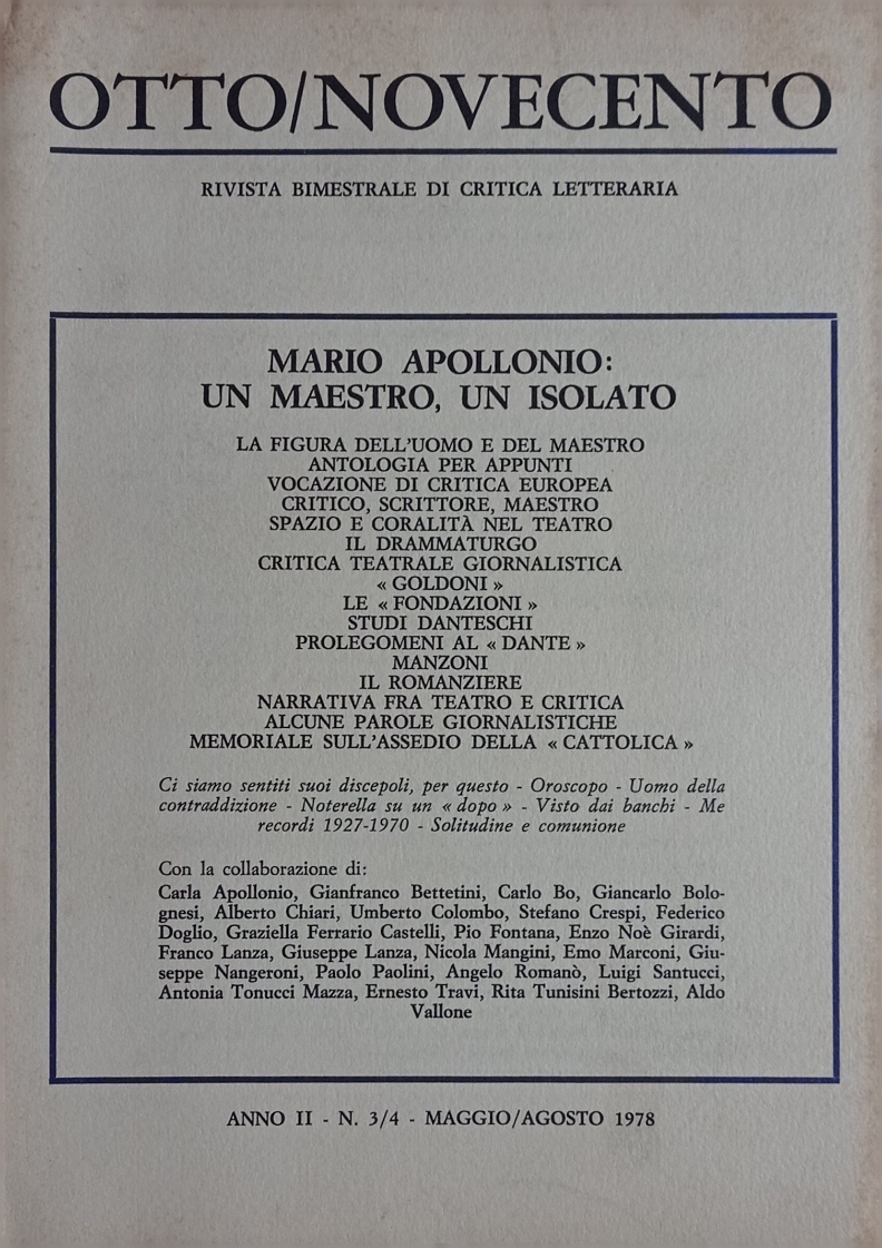 OTTO/NOVECENTO. Anno II - N. 3/4 - Maggio/agosto 1978.