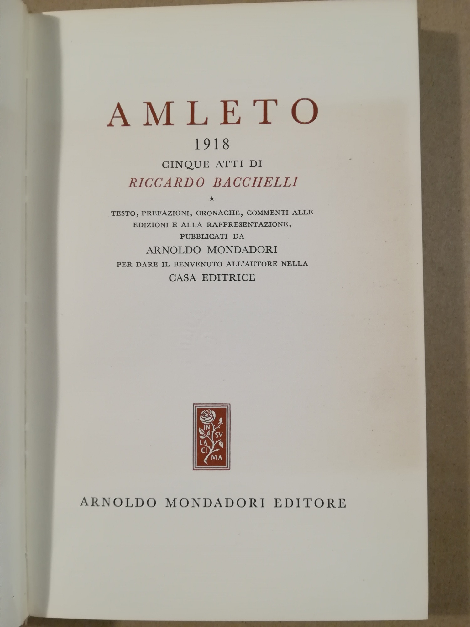 Amleto 1918. Cinque atti di Riccardo Bacchelli. Testo, prefazioni, cronache, …