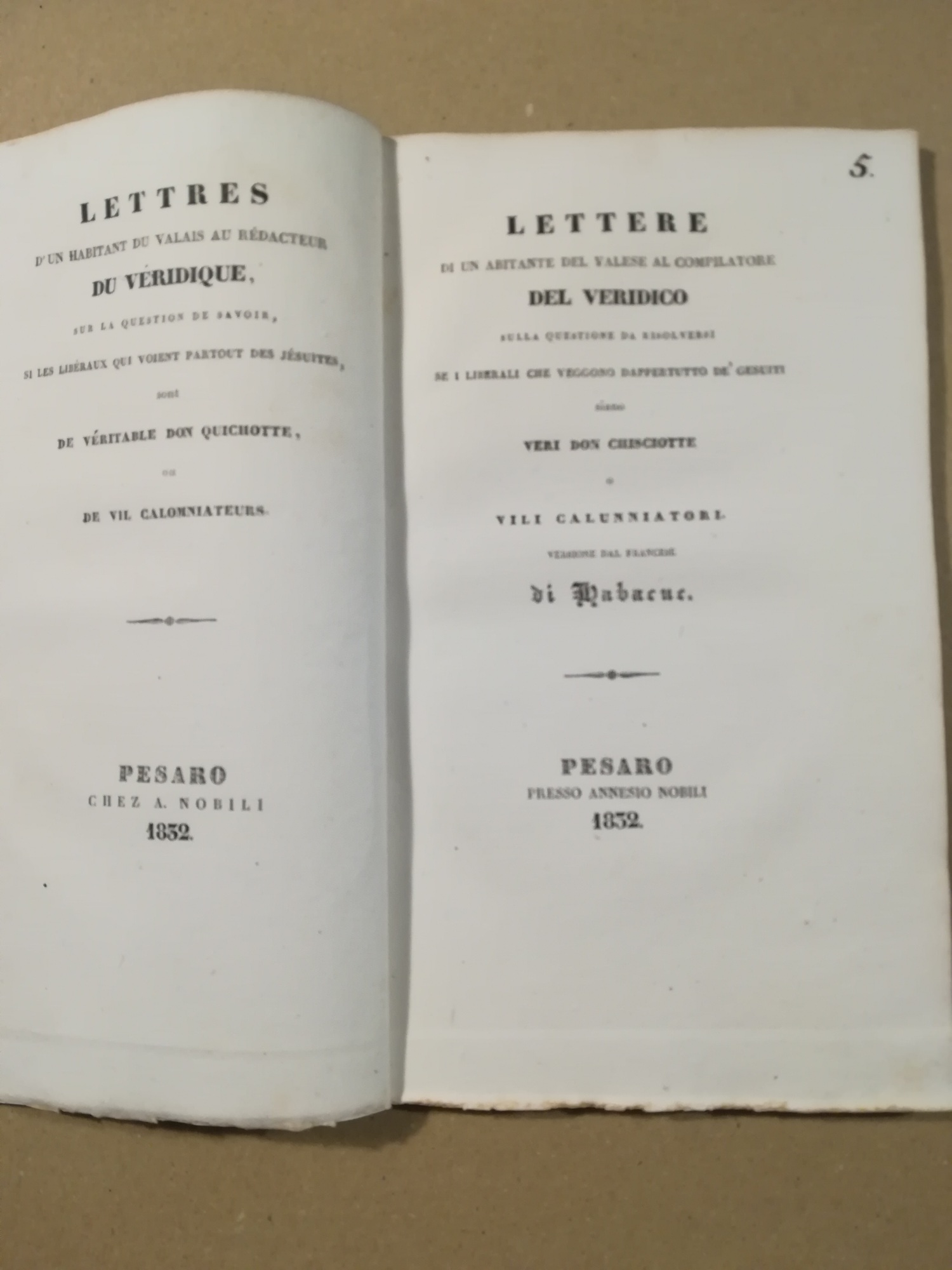 Lettere di un abitante del Valese al compilatore del Veridico …