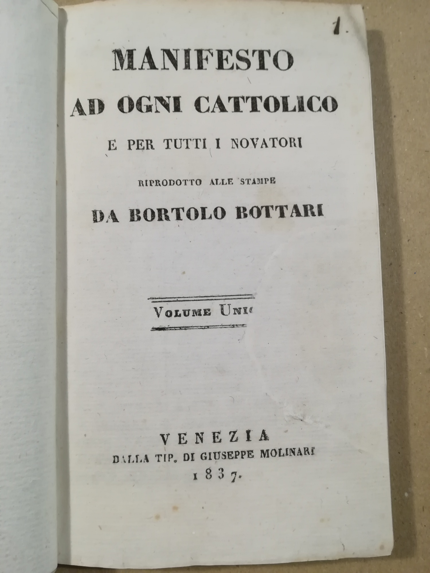 Manifesto ad ogni Cattolico e per tutti i Novatori riprodotto …