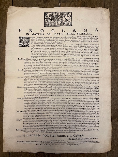 Proclama in materia del Datio della Stadella. Costante il fervoroso …