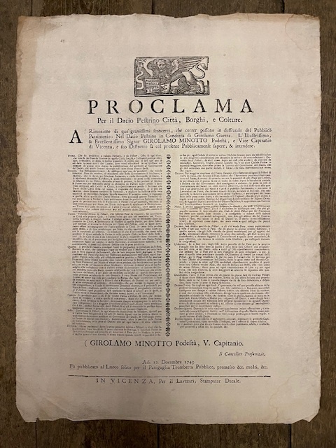 Proclama per il Dacio Pestrino Città, Borghi, e Colture. A …