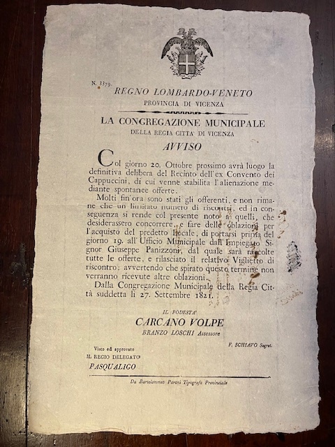 Regno Lombardo-Veneto Provincia di Vicenza. La Congregazione Municipale della regia …