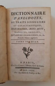 DICTIONNAIRE D'ANECDOTES DE TRAITS SINGULIERS ET CARACTERISTIQUES LA COMBE 1767