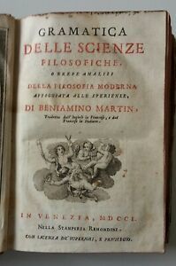 GRAMATICA DELLA SCIENZE FILOSOFICHE DI BENIAMINO MARTIN VENEZIA REMONDINI 1750