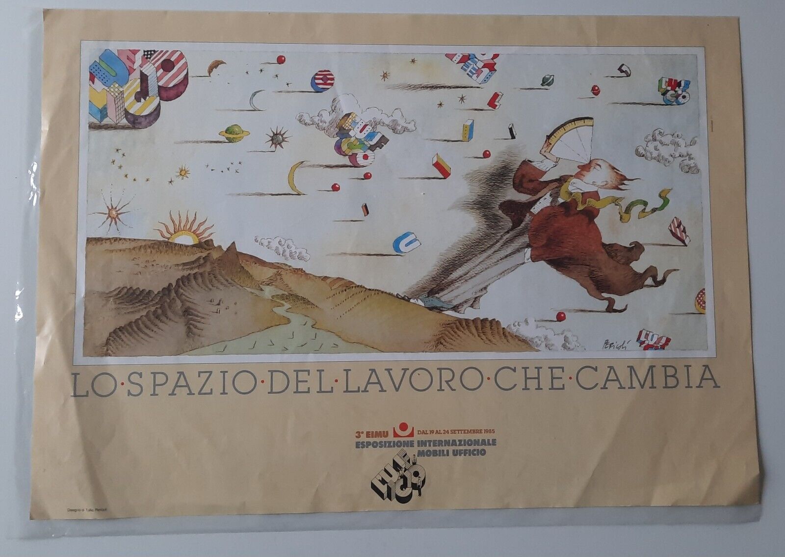 3° EIMU ESPOSIZIONE INTERNZIONALE MOBILI UFFICIO 1985 PERICOLI MANIFESTO AFFICHE