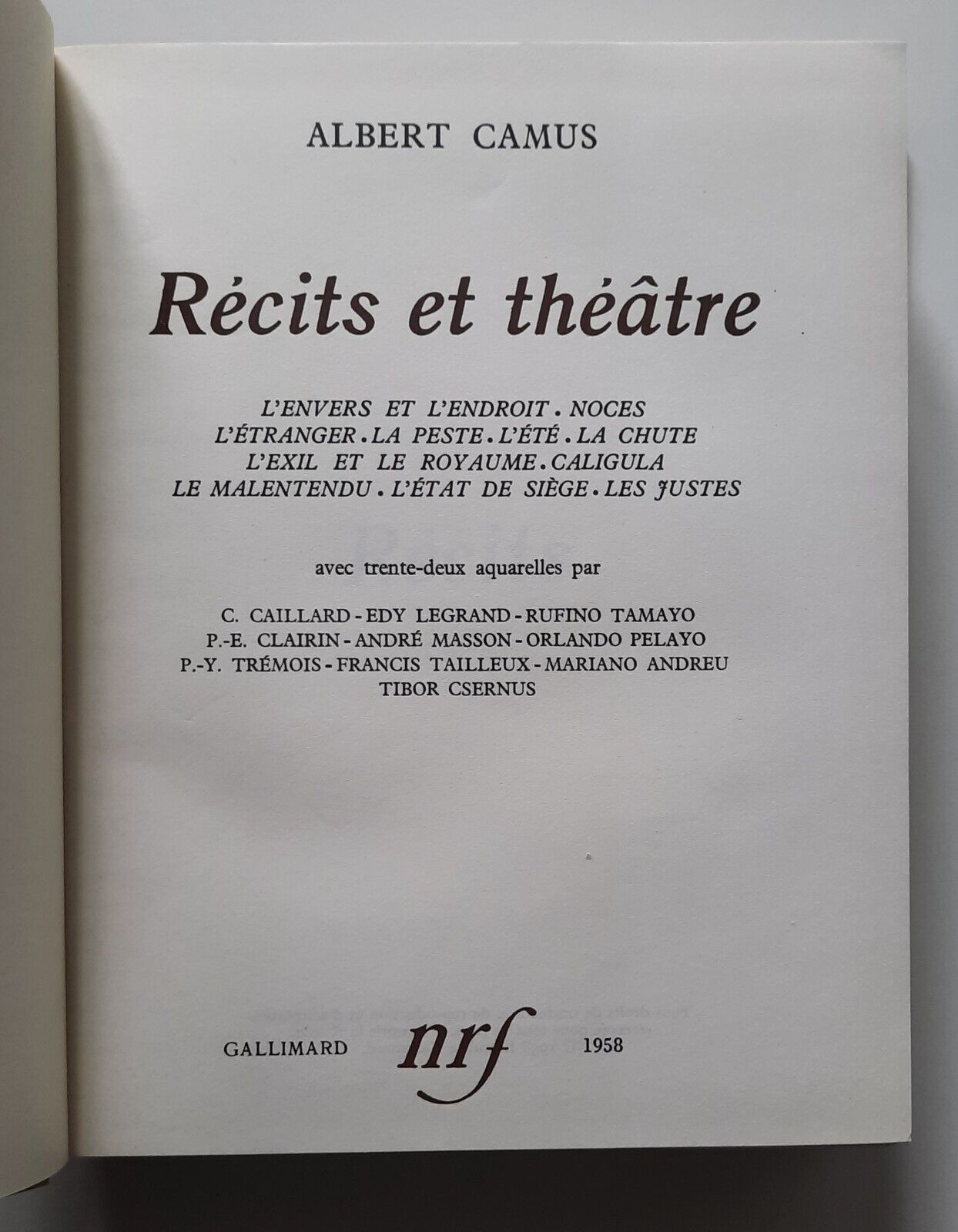 ALBERT CAMUS RECITS ET THEATRE GALLIMARD 1958