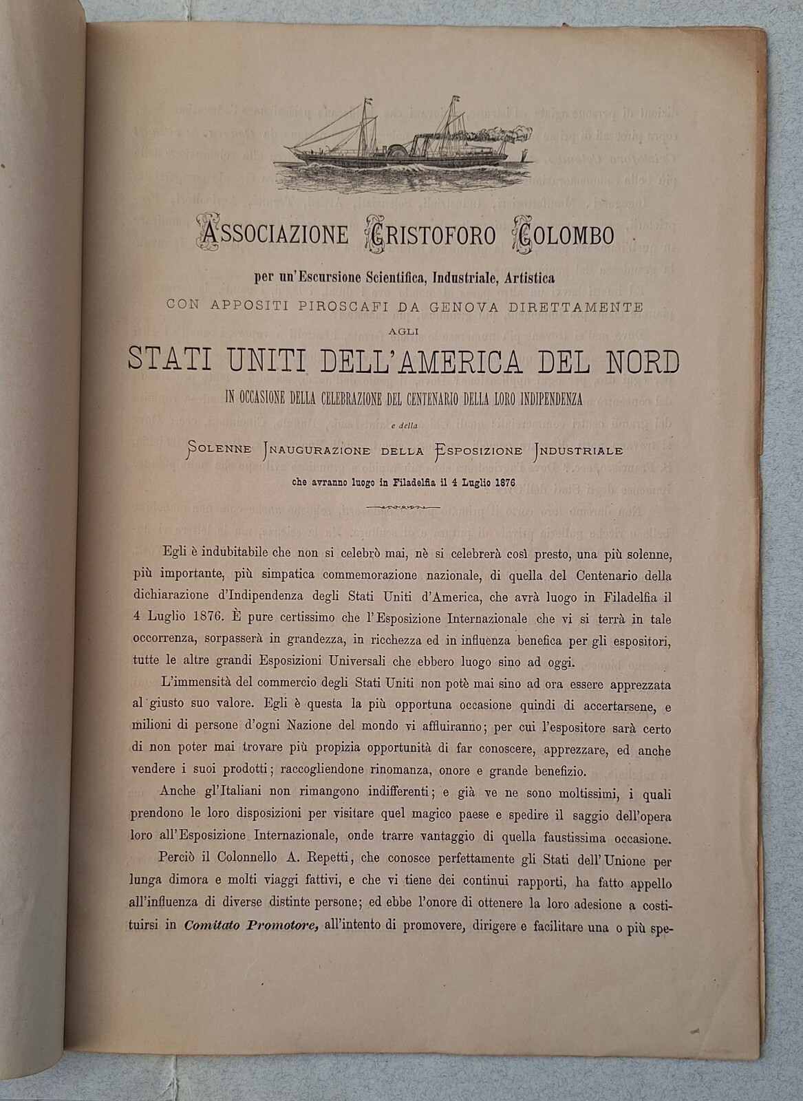 ASS. CRISTOFORO COLOMBO ESCURSIONE PIROSCAFO STATI UNITI NORD FILADELFIA 1876