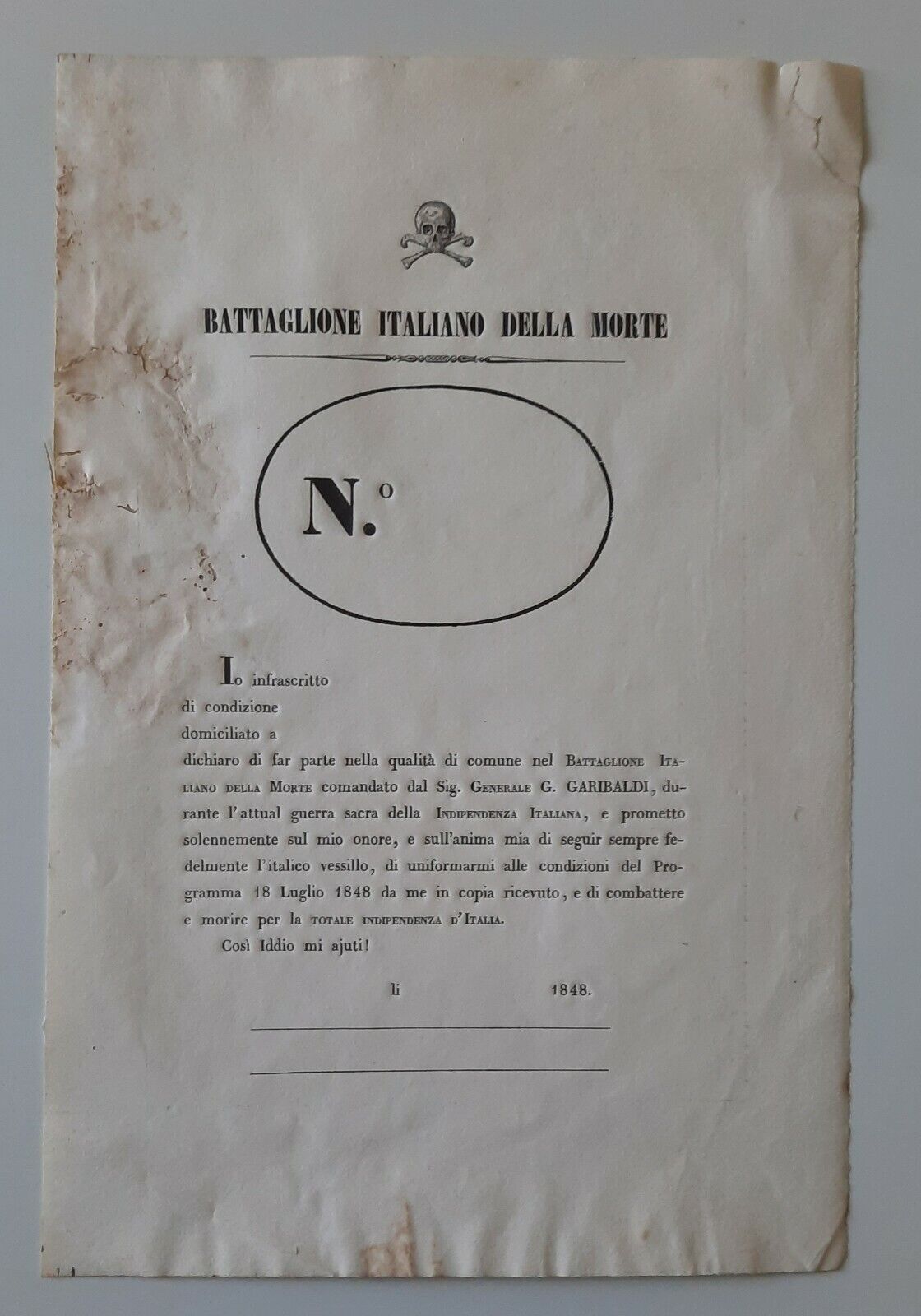 BATTAGLIONE ITALIANO DELLA MORTE MODULO DI ARRUOLAMENTO GARIBALDI 1848