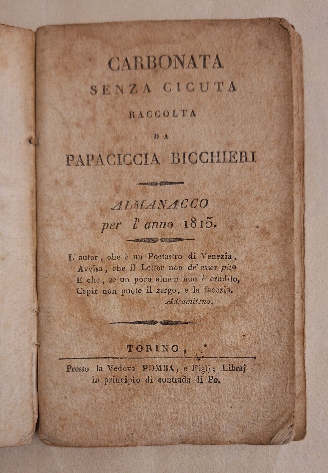 CARBONATA SENZA CICUTA DI PAPACICCIA BICCHIERI ALMANACCO PER L'ANNO 1815 …