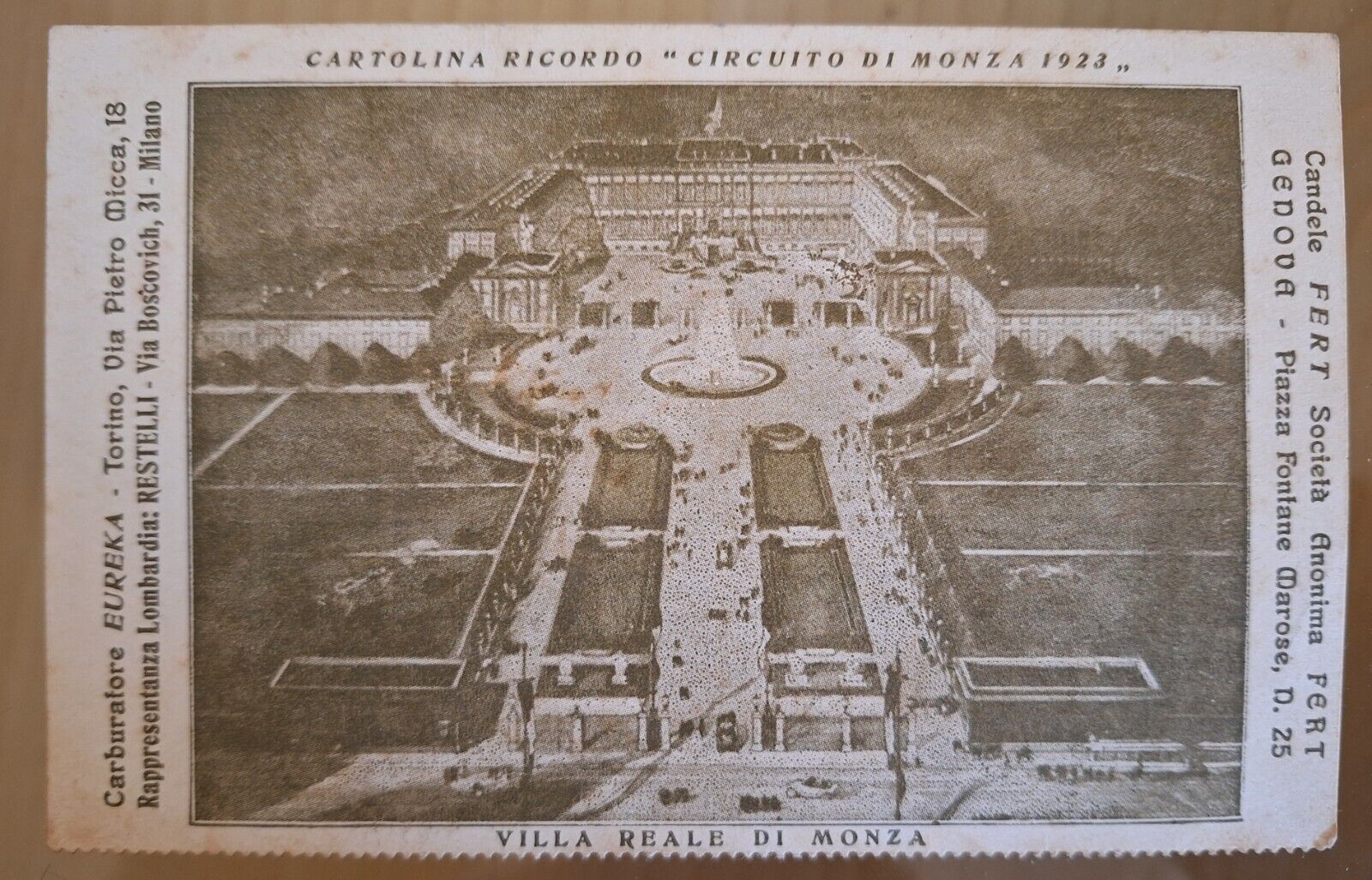 CARTOLINA RICORDO CIRCUITO DI MONZA 1923 VILLA REALE DI MONZA …