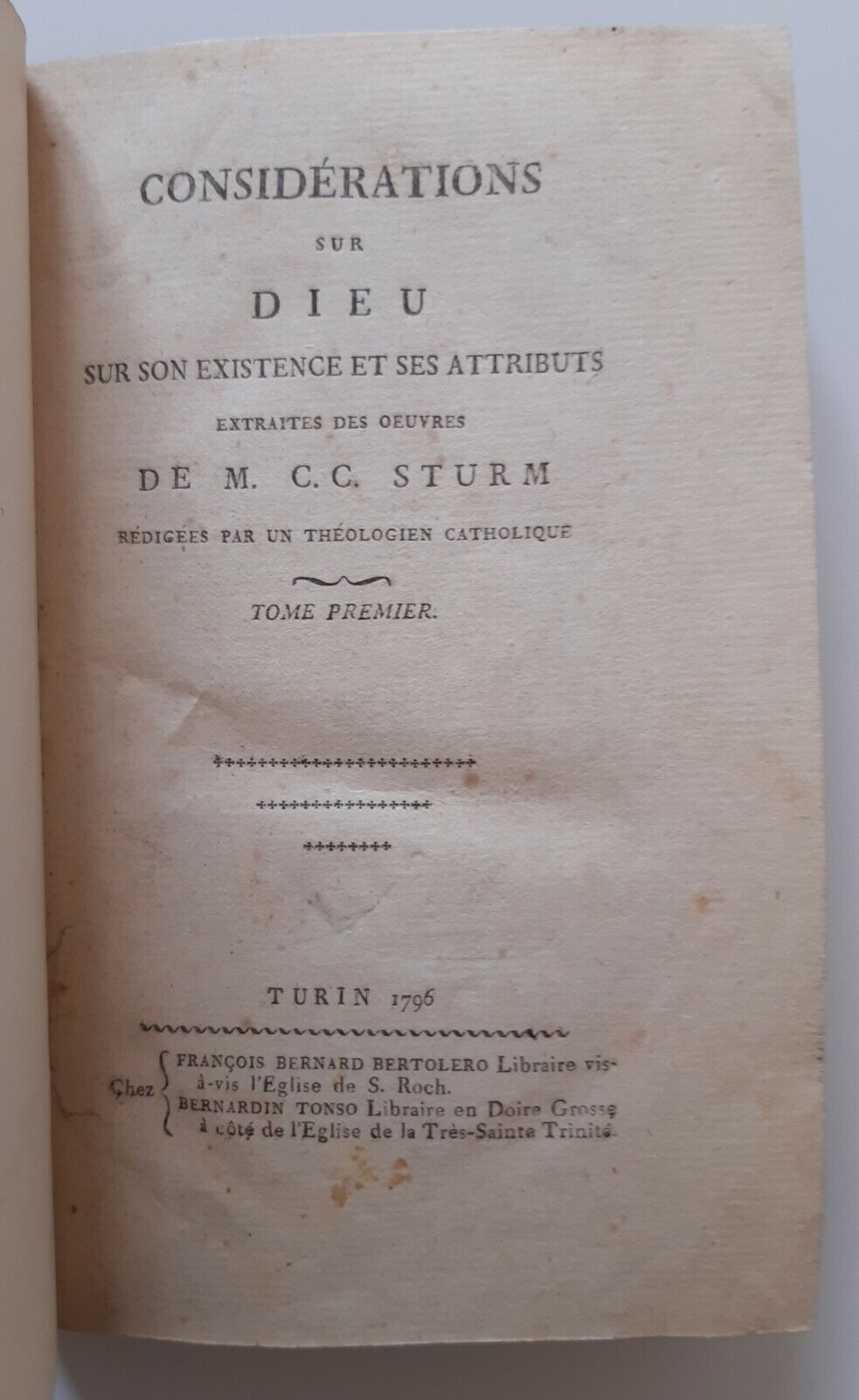 CONSIDERATIONS SUR DIEU DE M.CC.STURM TURIN 1796 BERTOLERO 3 VOLUMI
