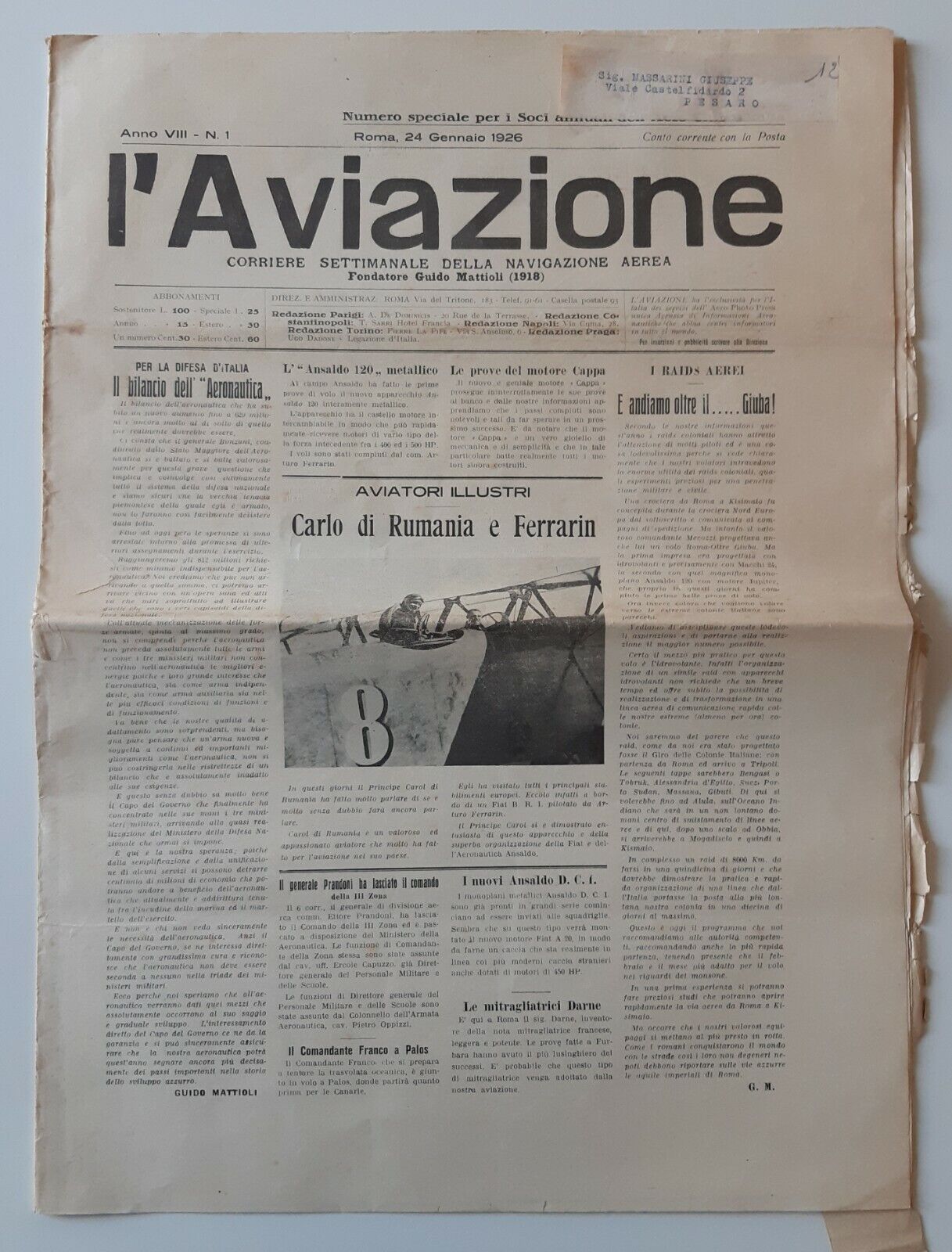 CORRIERE SETTIMANALE DELLA NAVIGAZIONE AEREA L'AVIAZIONE 24 GENNAIO 1926