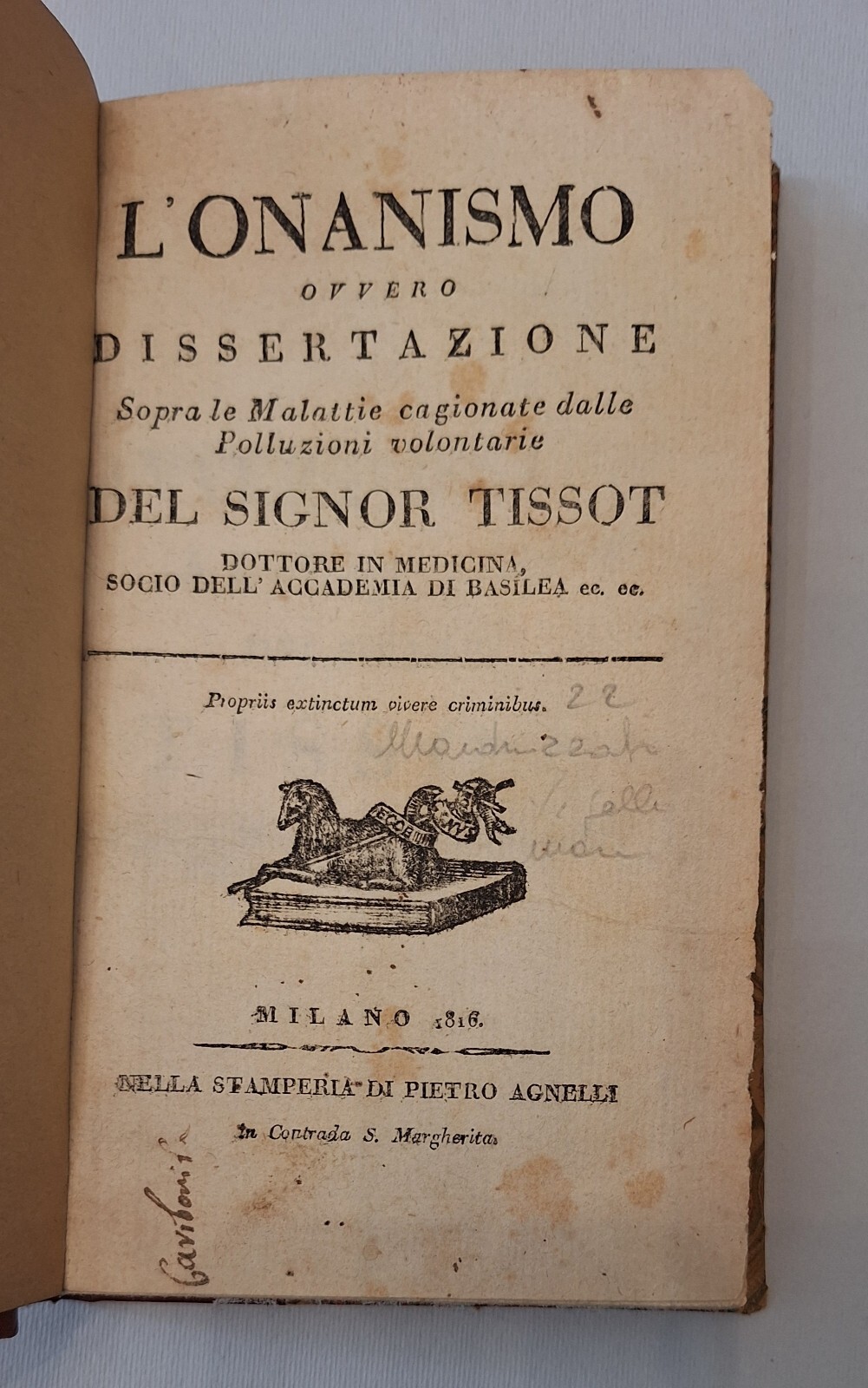 L'ONANISMO DEL SIGNOR TISSOT MILANO 1816 STAMPERIA PIETRO AGNELLI