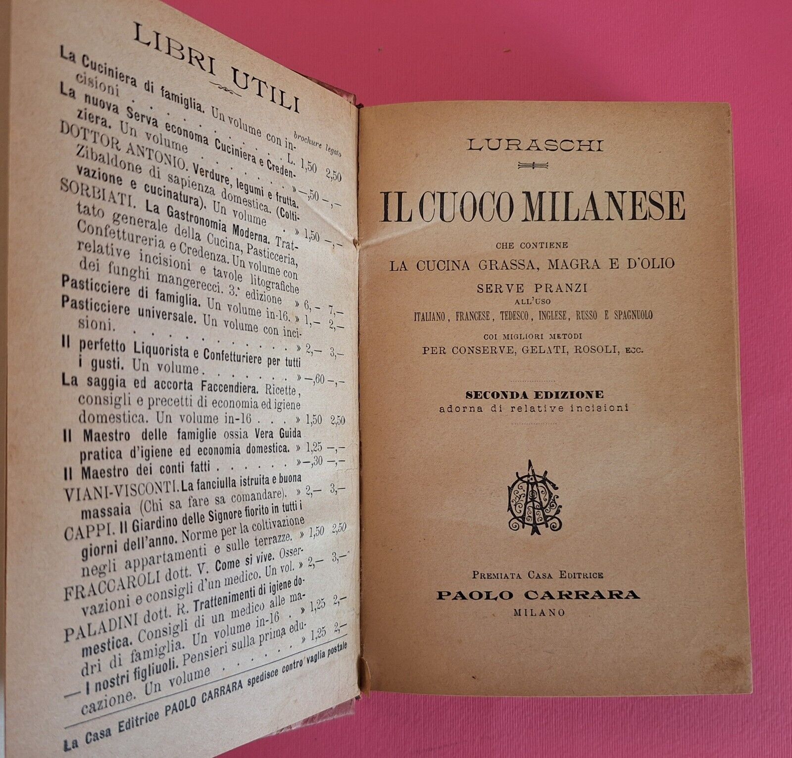 LURASCHI IL CUOCO MILANESE P. CARRARA ED. 1899 2° ED.