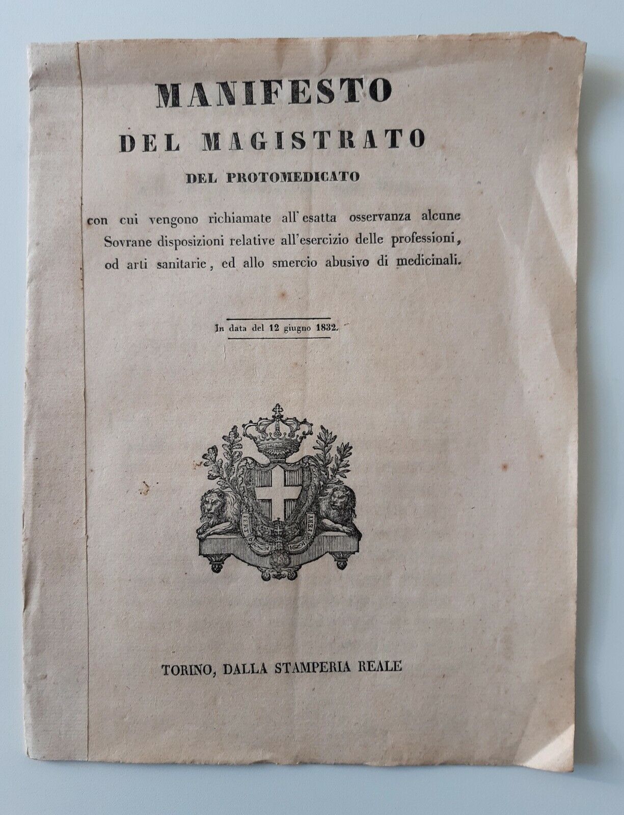 MANIFESTO DEL MAGISTRATO DEL PROTOMEDICATO TORINO STAMPERIA REALE 1832