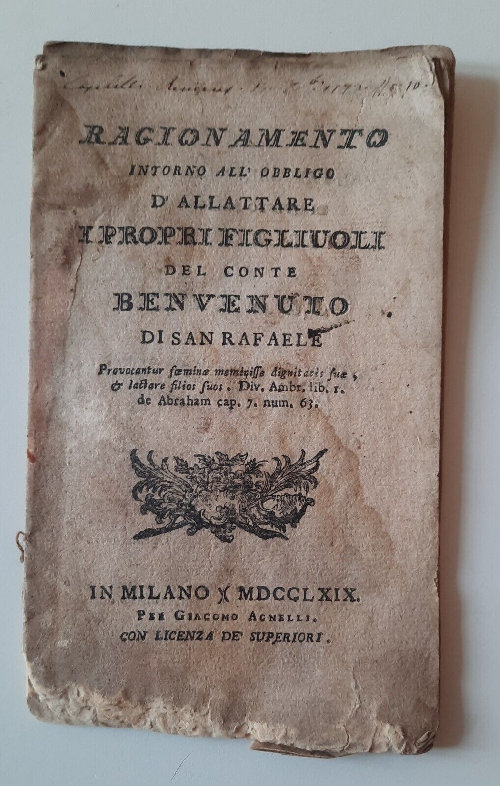 RAGIONAMENTO ALL'OBBLIGO D'ALLATTARE I PROPRI FIGLIUOLI CONTE BENVENUTO 1769