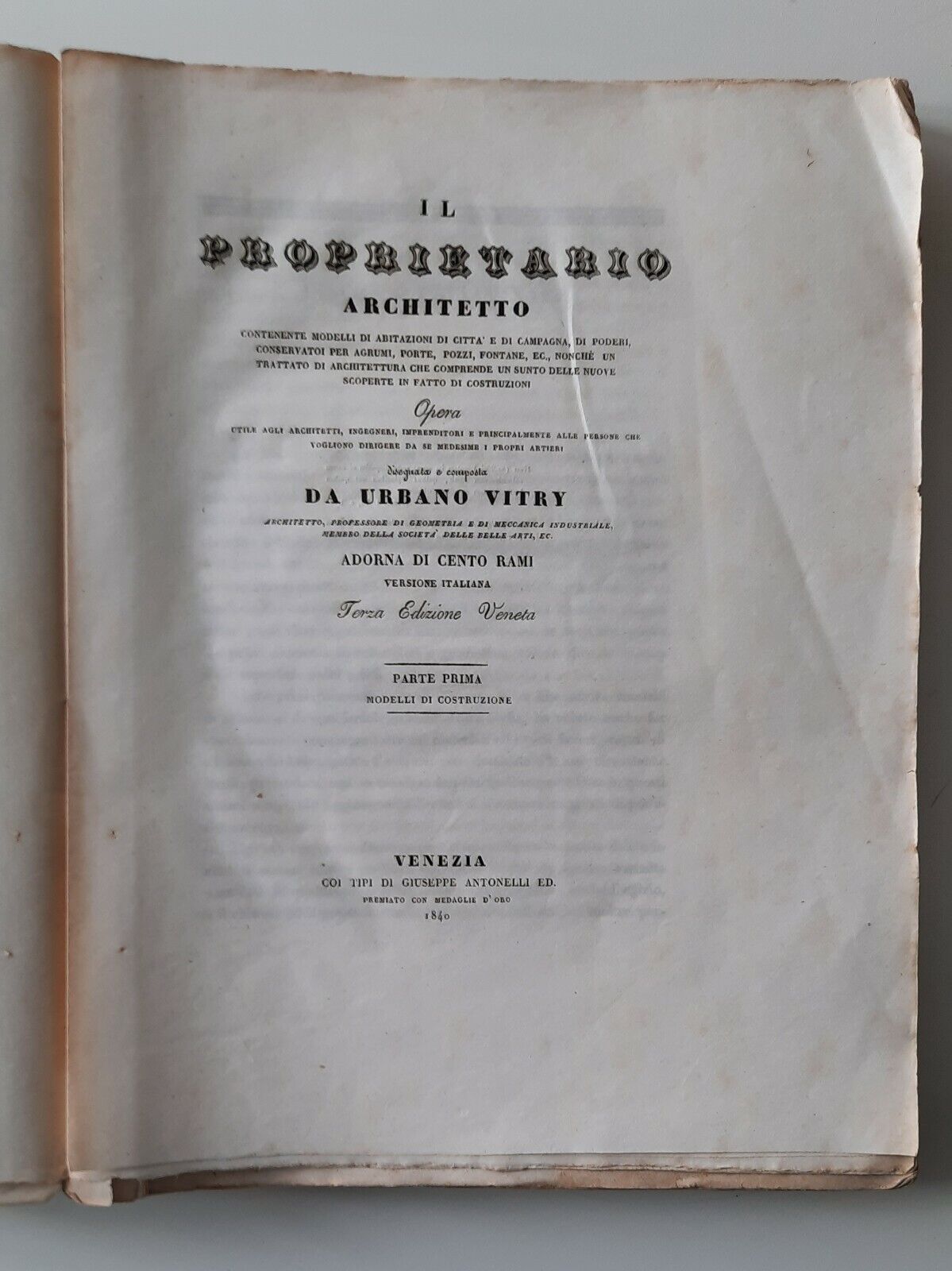 URBANO VITRY IL PROPRIETARIO ARCHITETTO VENEZIA ANTONELLI 1840 PRIMA PARTE