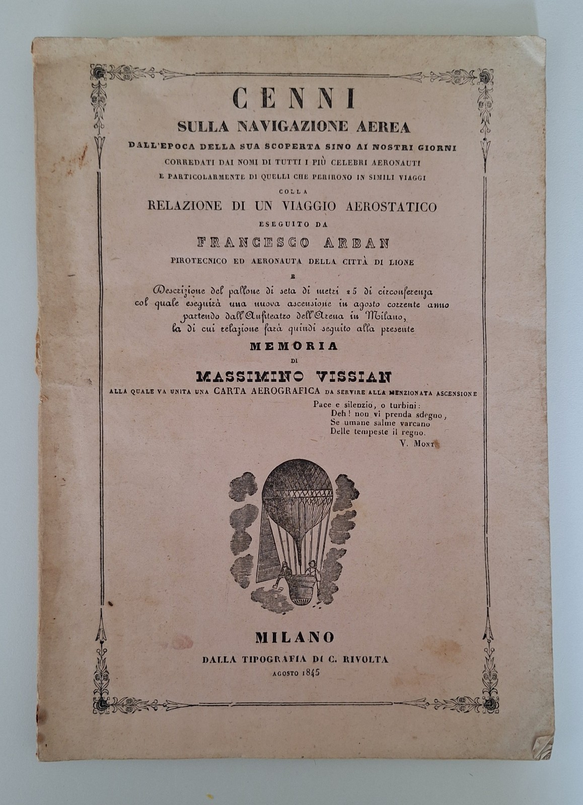 VISSIAN CENNI NAVIGAZIONE AEREA COLLA RELAZIONE VIAGGIO AEROSTATICO RIVOLT 1845