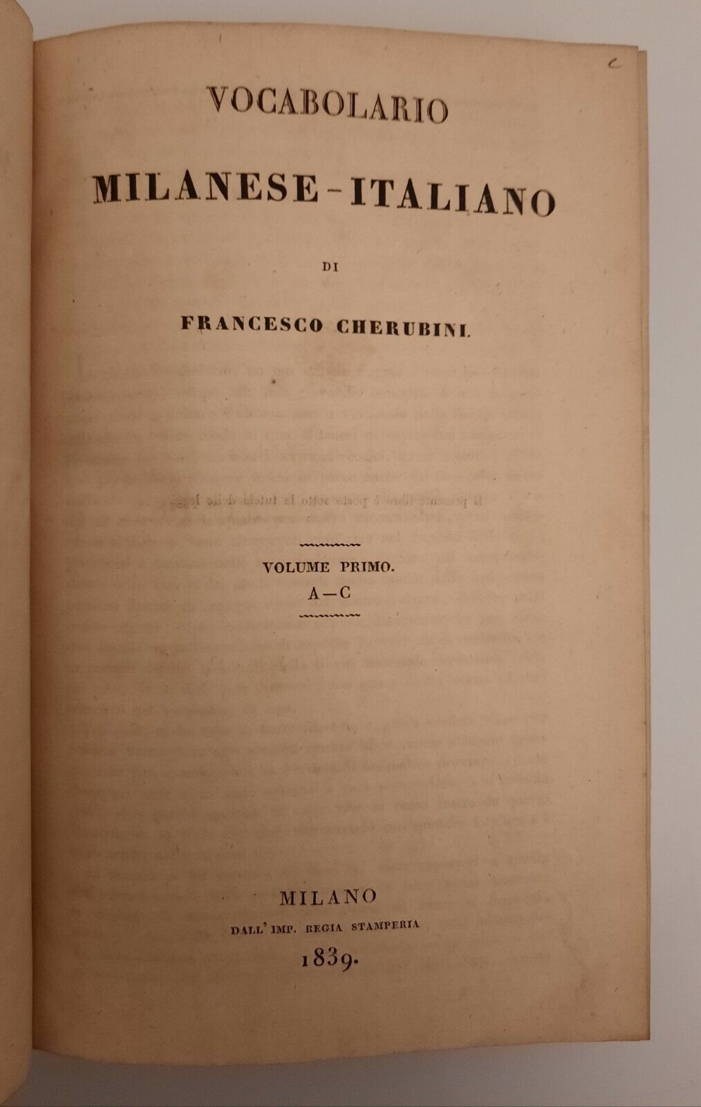 VOCABOLARIO MILANESE ITALIANO DI FRANCESCO CHERUBINI MILANO REGIA STAMPERIA 1839