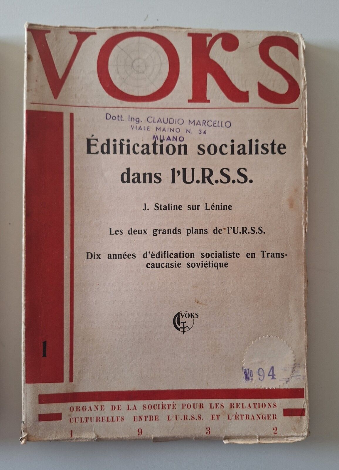VOKS EDIFICATIONS SOCIALISTE DANS L'URSS 1932 N.1