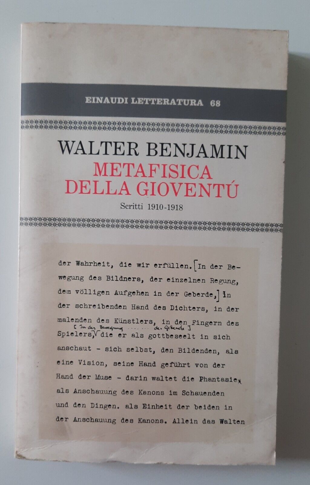 WALTER BENJAMIN METAFISICA DELLA GIOVENTU' EINAUDI LETTERATURA 1982