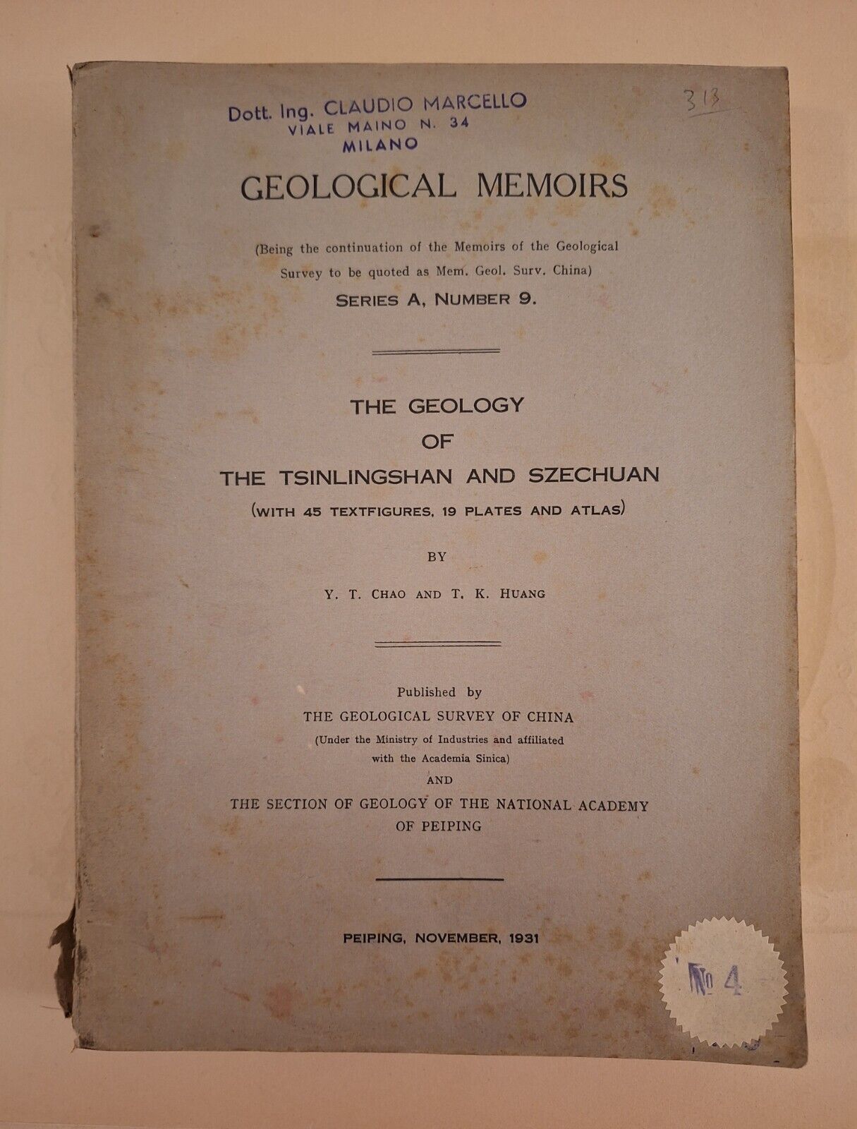 Y.T. CHAO K. HUANG GEOLOGY OF TSINLINGSHAN AND SZECHUAN PEIPING …