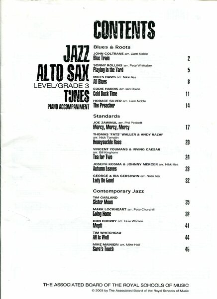 Jazz Alto Sax Level/Grade 3 Tunes Piano Accompaniment